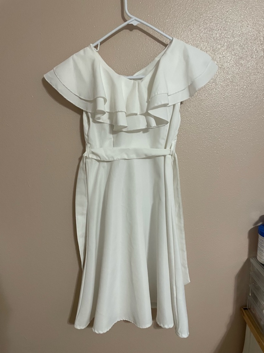 White Ruffle Belted Dress